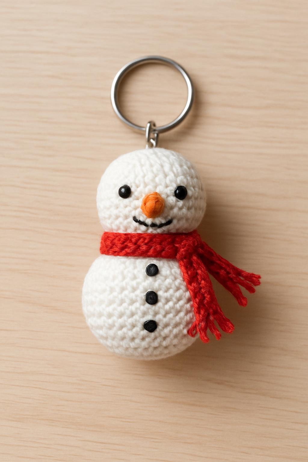 Crochet snowman keychain with a red scarf